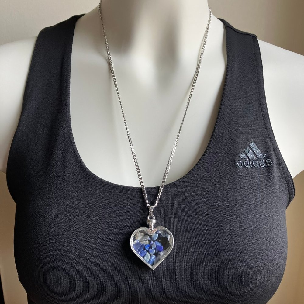 Beautiful Lapis Lazuli Chip Faceted Glass Heart Pendant + Stainless Steel Chain